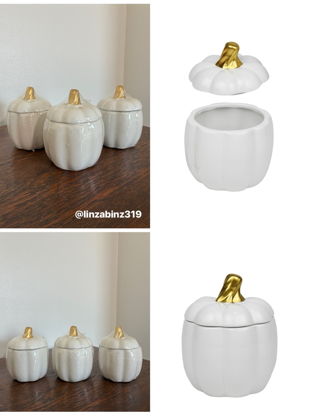 NWT- Set of 3- White Ceramic Pumpkin Jars with Lid & Gold Stems